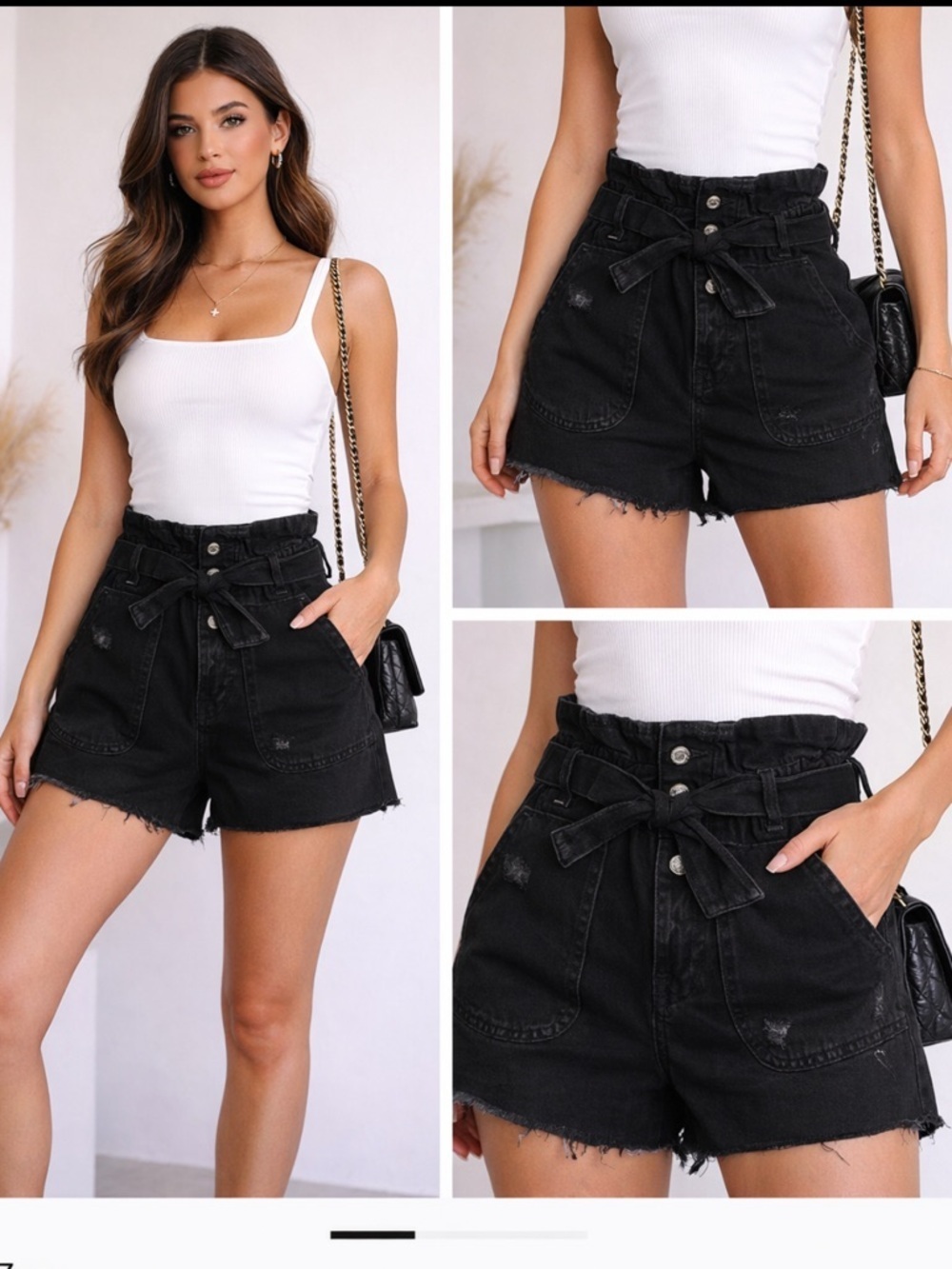 Zara Black Paperbag Waist Shorts NWT High Rise Tie Waist Denim Size 4